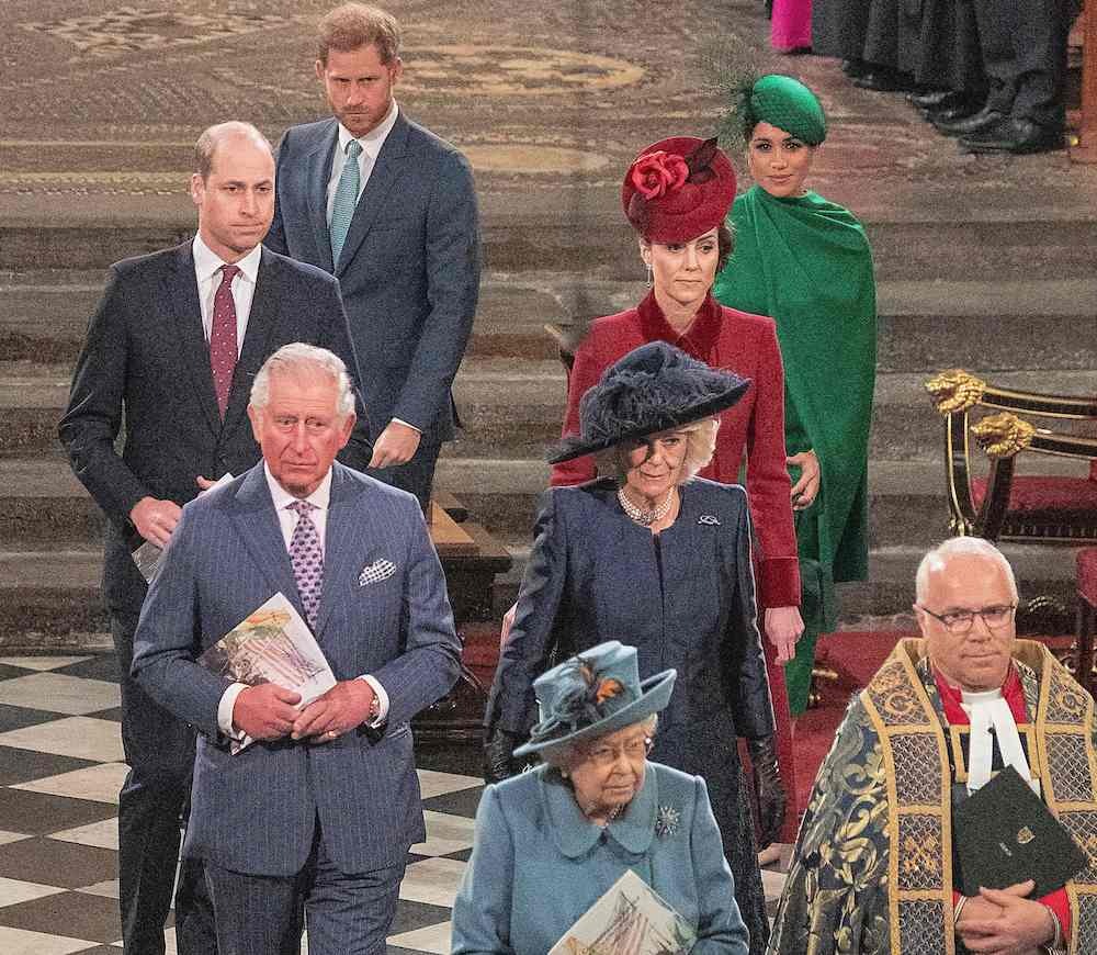 Britain's Prince William, Duke of Cambridge (L), Britain's Prince Charles, Prince of Wales (2nd L), Britain's Prince Harry, Duke of Sussex (3rd L), Britain's Camilla, Duchess of Cornwall (3rd R), Britain's Catherine, Duchess of Cambridge (2nd R) and Britain's Meghan, Duchess of Sussex (R) follow Britain's Queen Elizabeth II and The Dean of Westminster, David Hoyle as they depart Westminster Abbey after attending the annual Commonwealth Service in London on March 9, 2020