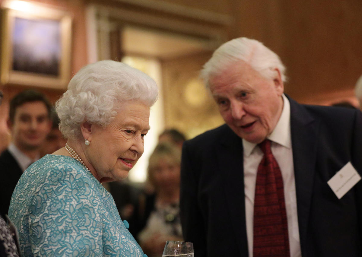 Queen Elizabeth II with Sir David Attenborough during an event at Buckingham Palace, London, to showcase forestry projects that have been dedicated to the new conservation initiative - The Queen's Commonwealth Canopy