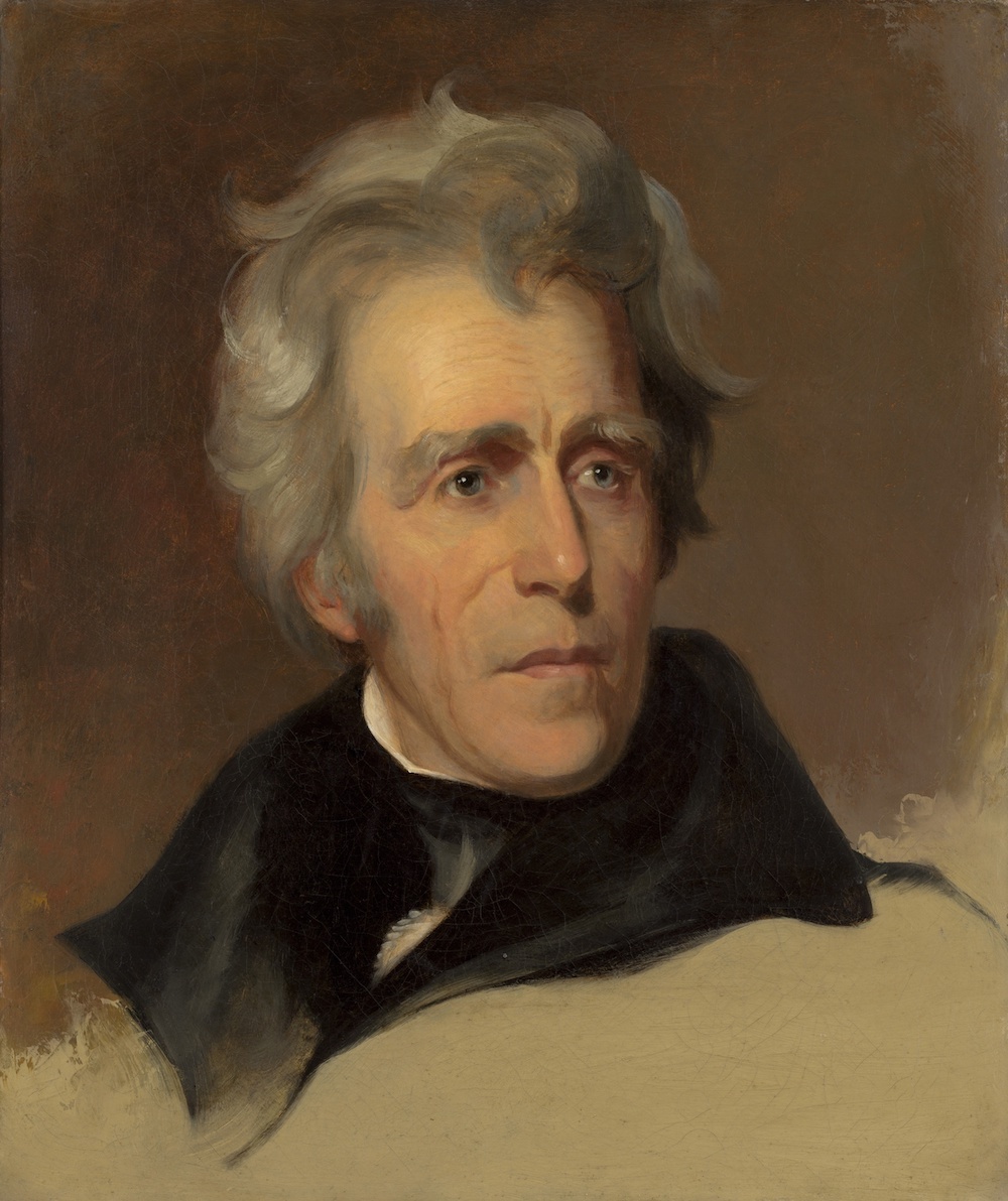 Andrew Jackson, by Thomas Sully, 1845, American painting, oil on canvas. This 1845 painting is based on a 1824 Thomas Sully a portrait of Andrew Jackson.