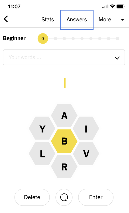 Screen showing the New York Times' game Spelling Bee