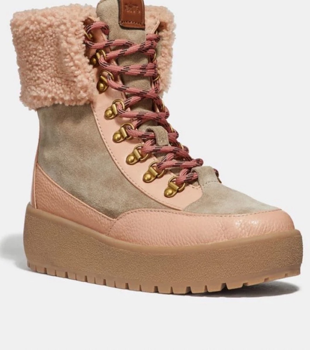 pink suede boots with shearling cuff