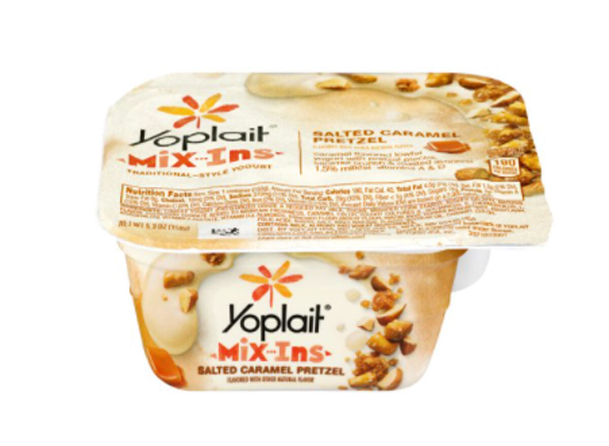 yoplait mix-ins salted caramel pretzel yogurt container
