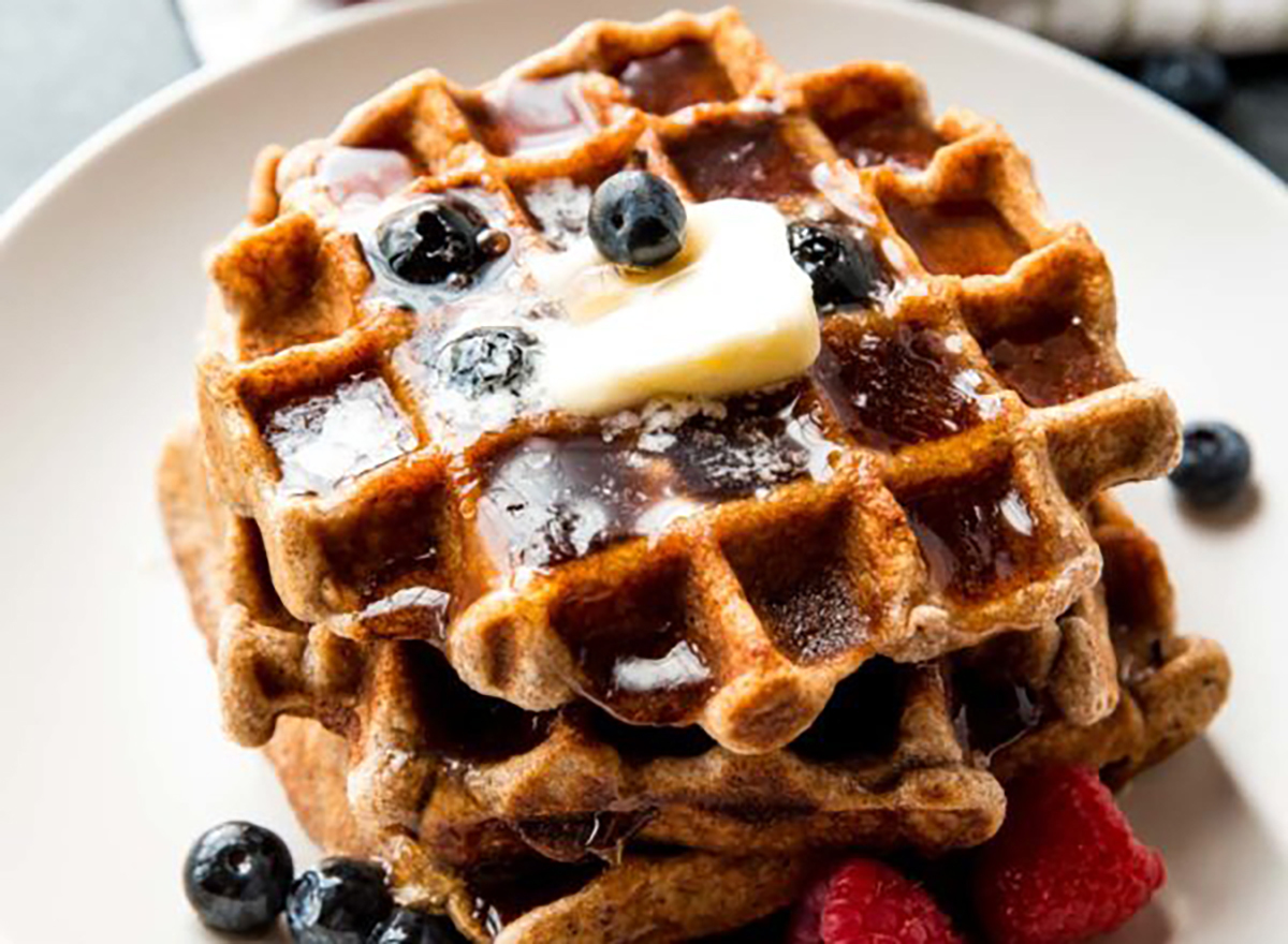 whole wheat waffles with butter and blueberries