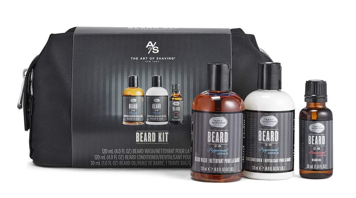 black toiletry bag and bottles of beard products
