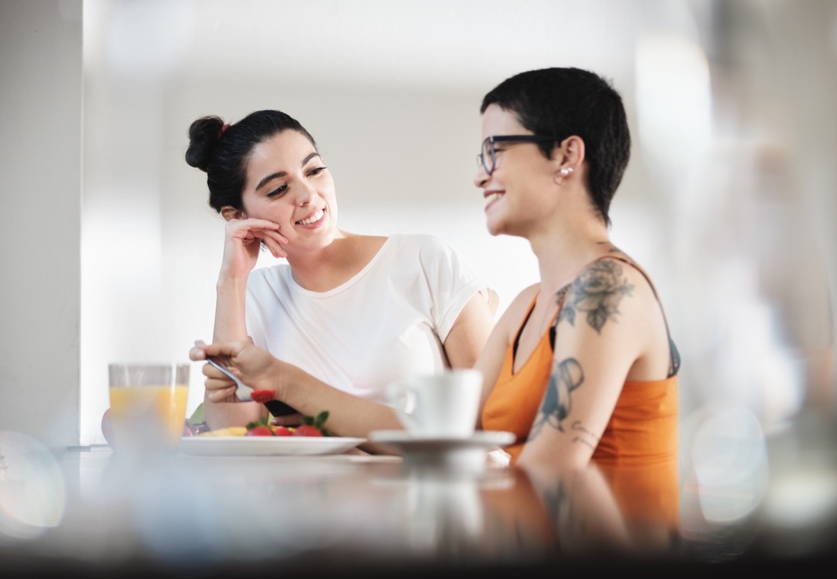 women at home, talking and smiling during breakfast.