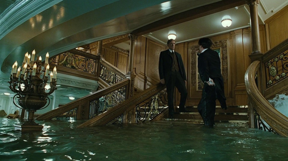 Still from Titanic, grand staircase flooding