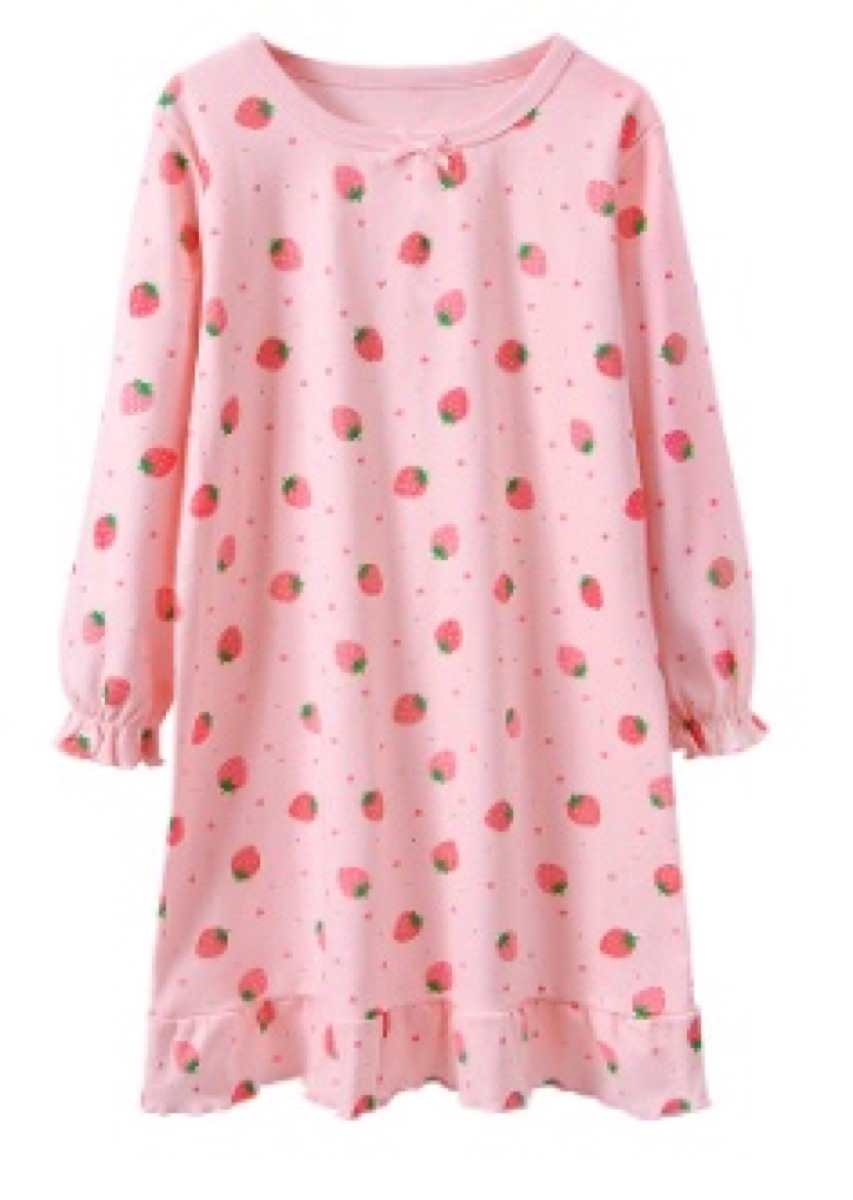 kids long sleeved strawberry print pink nightgown