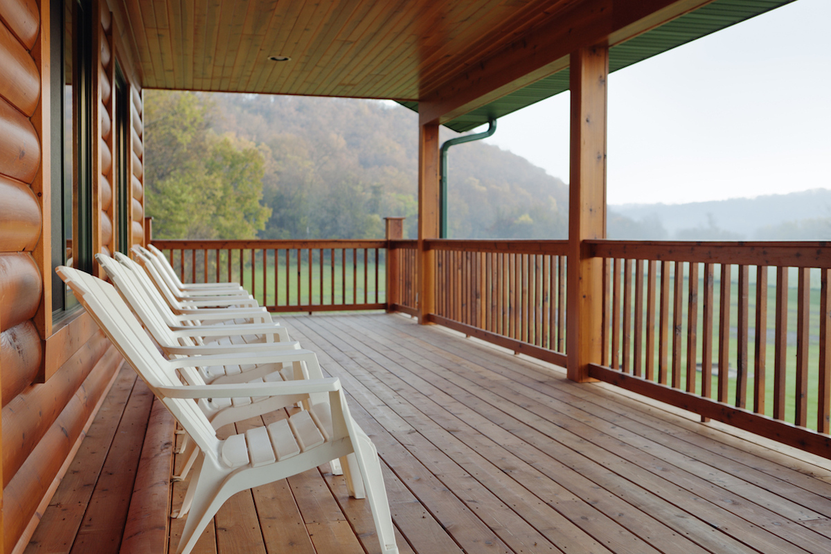 The view from the balcony of a vacation log cabin home.Location: Minnesota, USA.