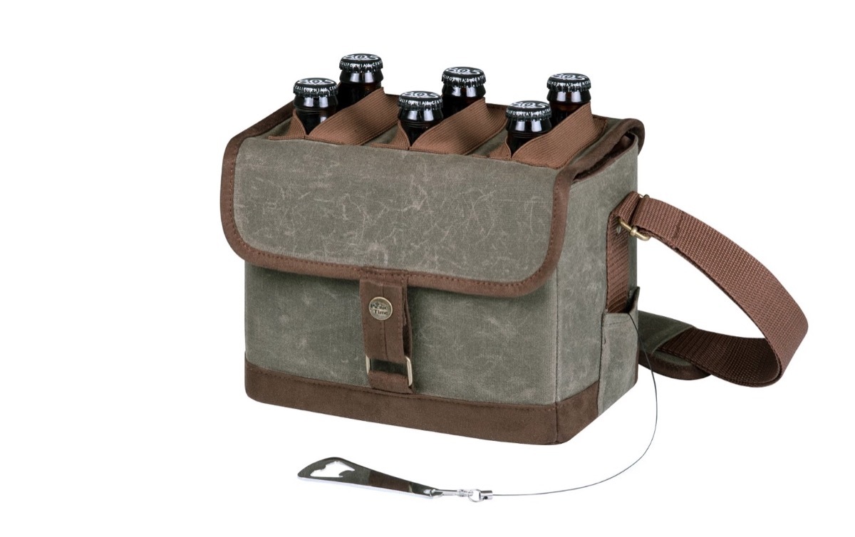 gray fabric and leather beer caddy, summer buys under $100