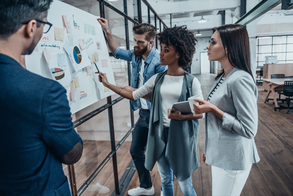 A team of people working an an advertising poster