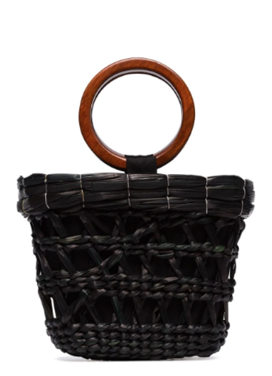 black woven bag with wooden handle, luxury beach bags