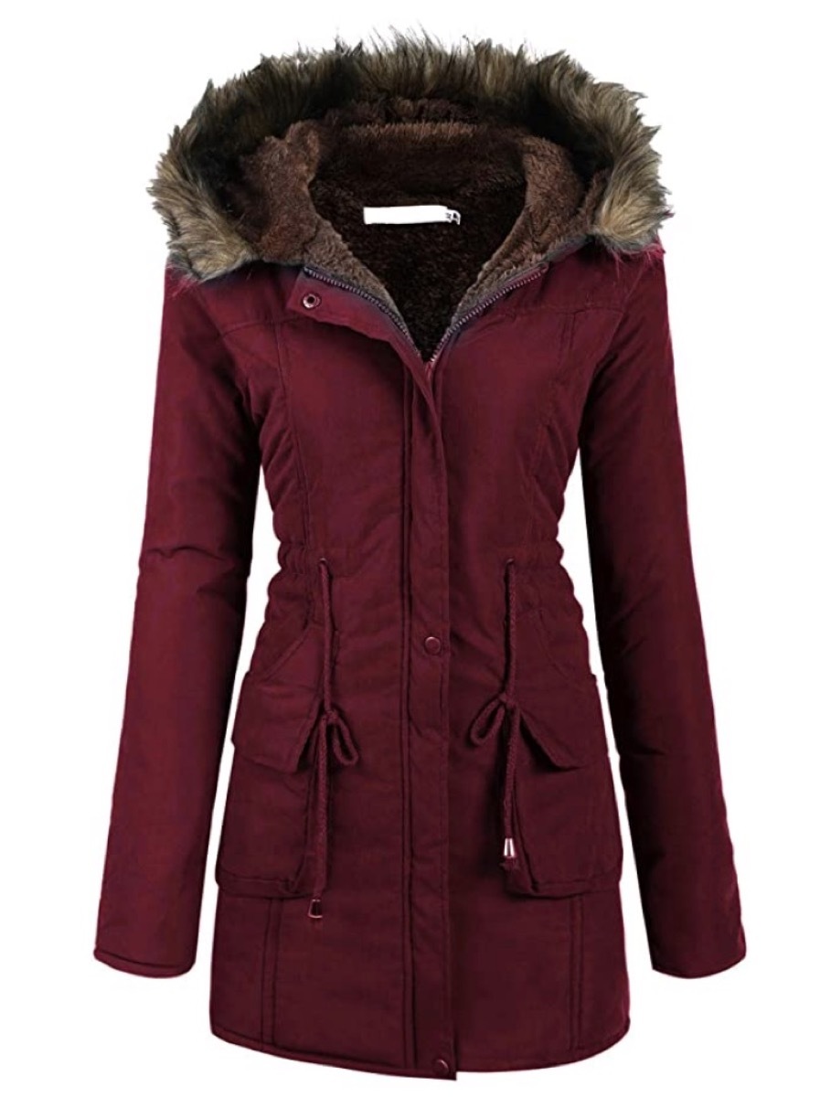 burgundy jacket with faux fur hood