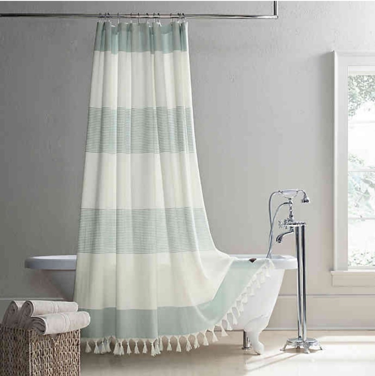 green and white striped shower curtain, bathroom accessories