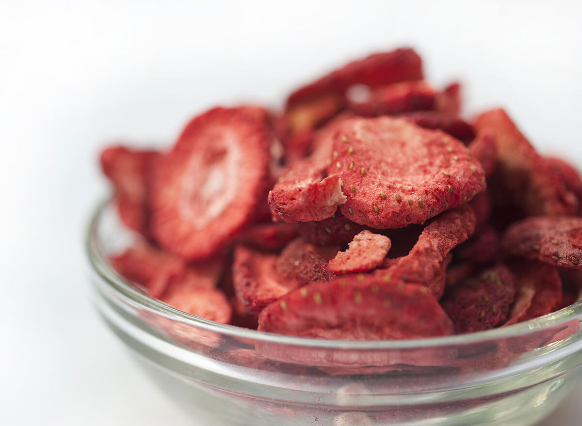 freeze dried strawberries in clear glass bowl
