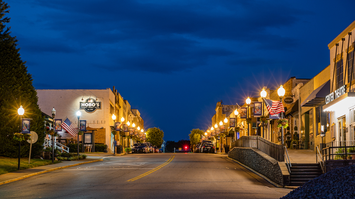 Main Street in historic downtown Fort Mill, South Carolina at night.