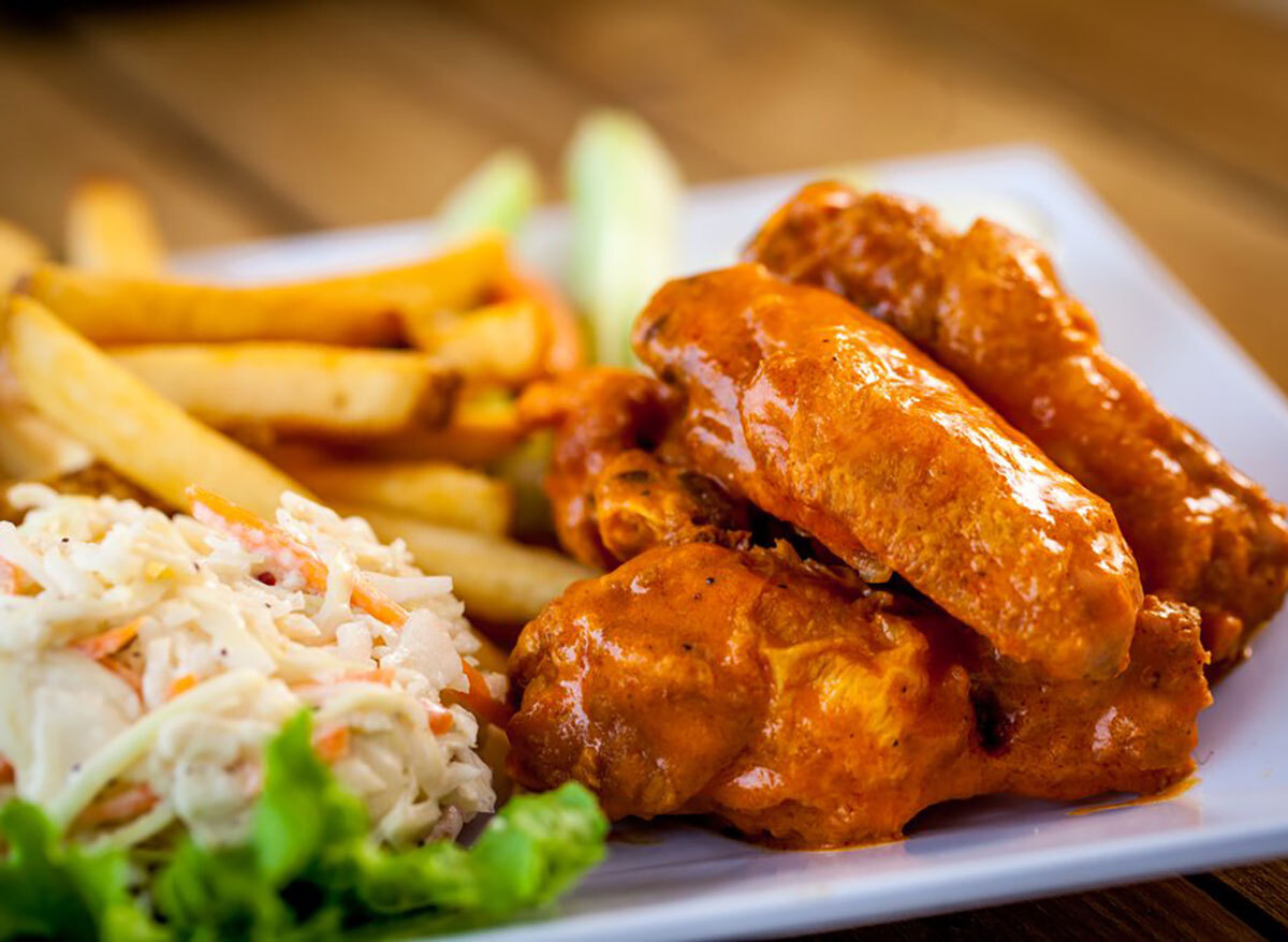 chicken wings with fries and coleslaw