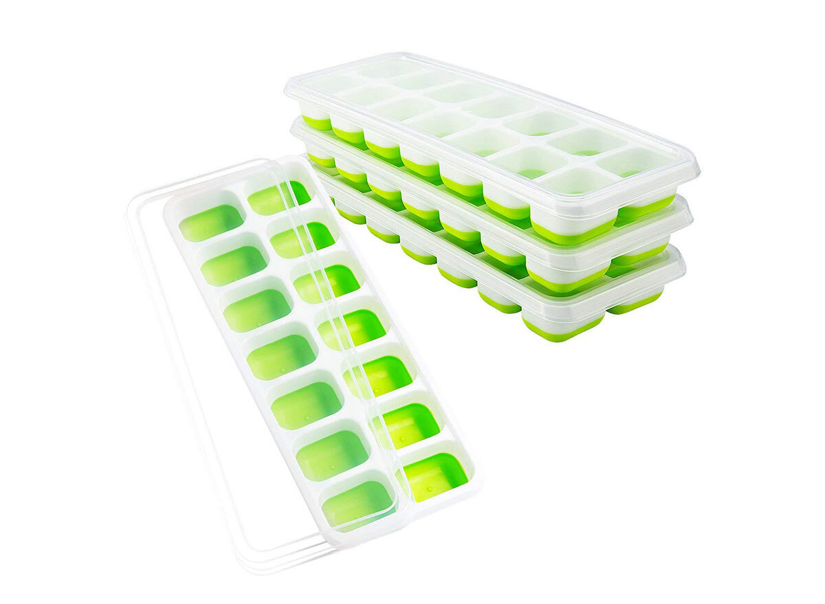 stack of omorc green plastic ice cube trays with lids