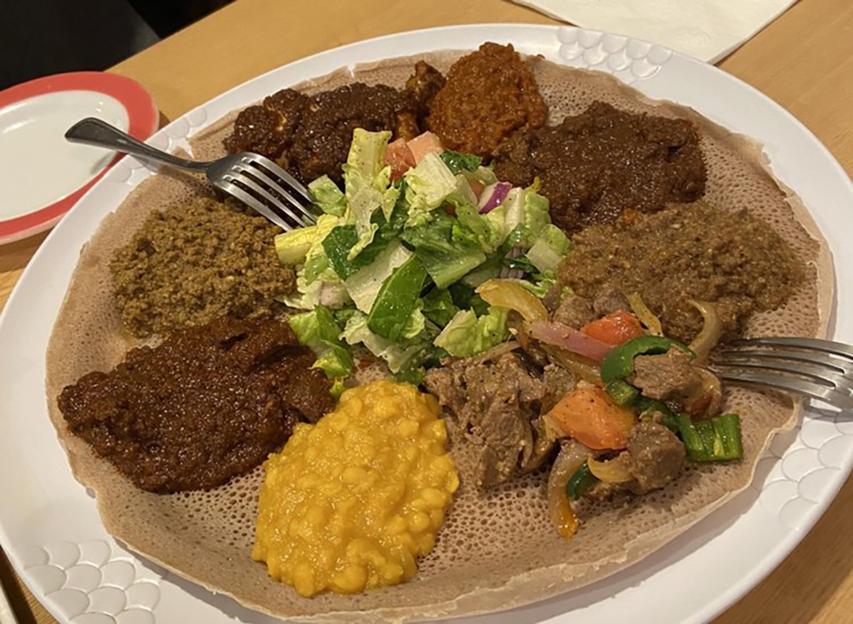 plate of ethiopian chicken and beef