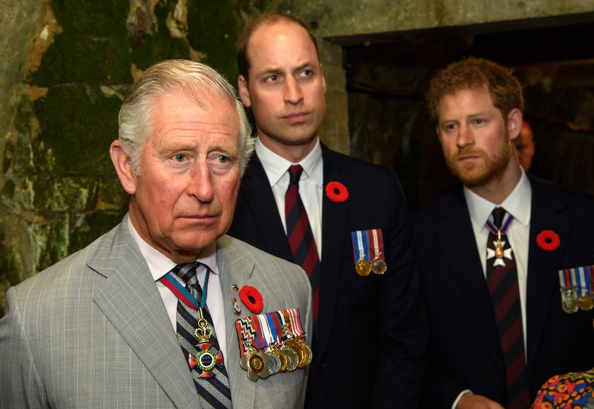 Prince Charles, Prince of Wales, Prince William, Duke of Cambridge and Prince Harry tour a tunnel made during WWI during the commemorations for the 100th anniversary of the battle of Vimy Ridge on April 9, 2017 in Lille, France.