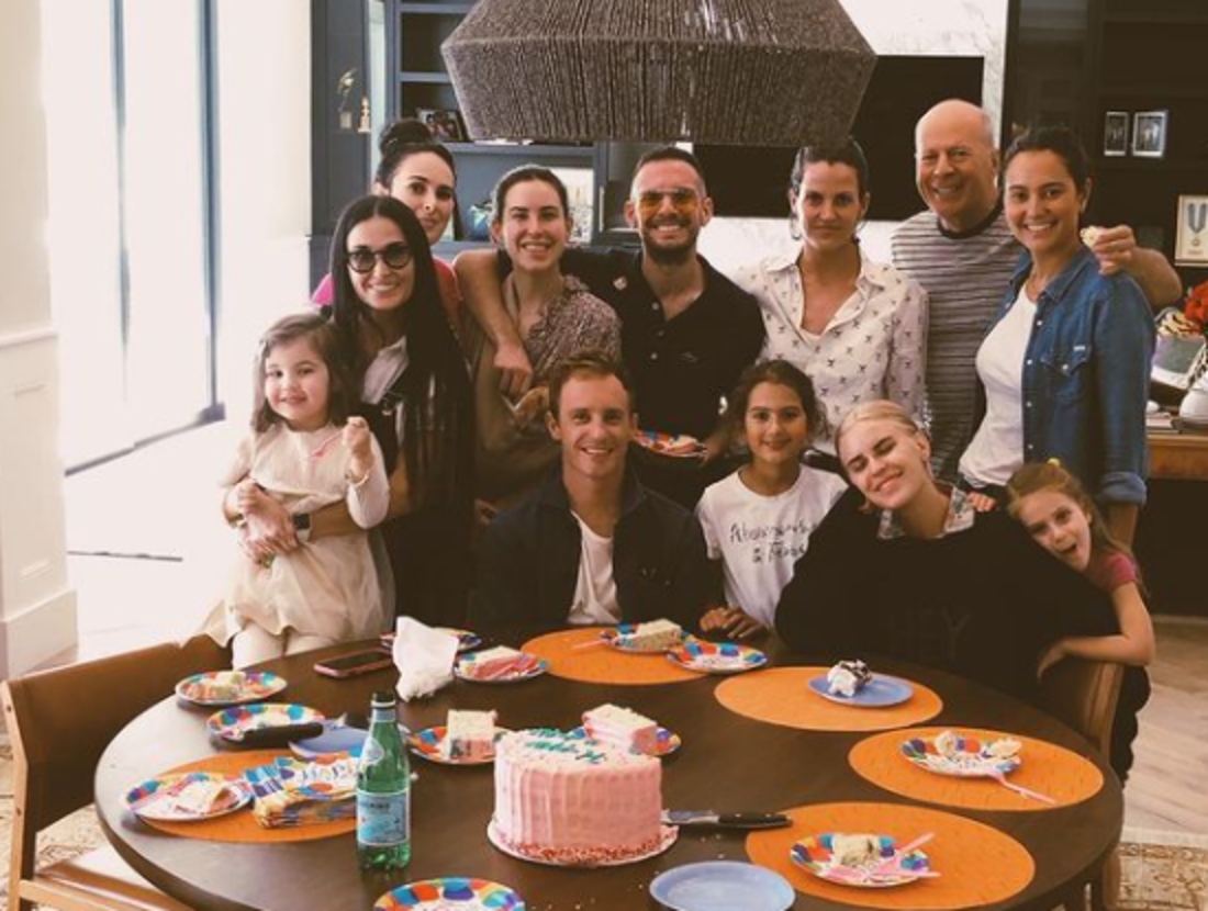 Demi Moore, Emma Heming Willis, Bruce Willis, and other family members celebrating a birthday