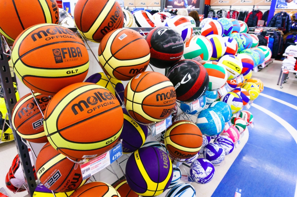 Colorful sports balls inside Sportmaster Sport Store