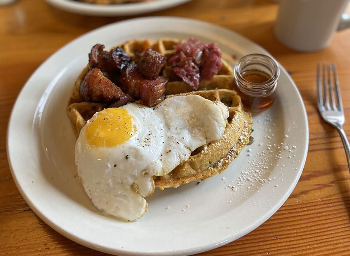 birchwood cafe savory waffle with egg and bacon