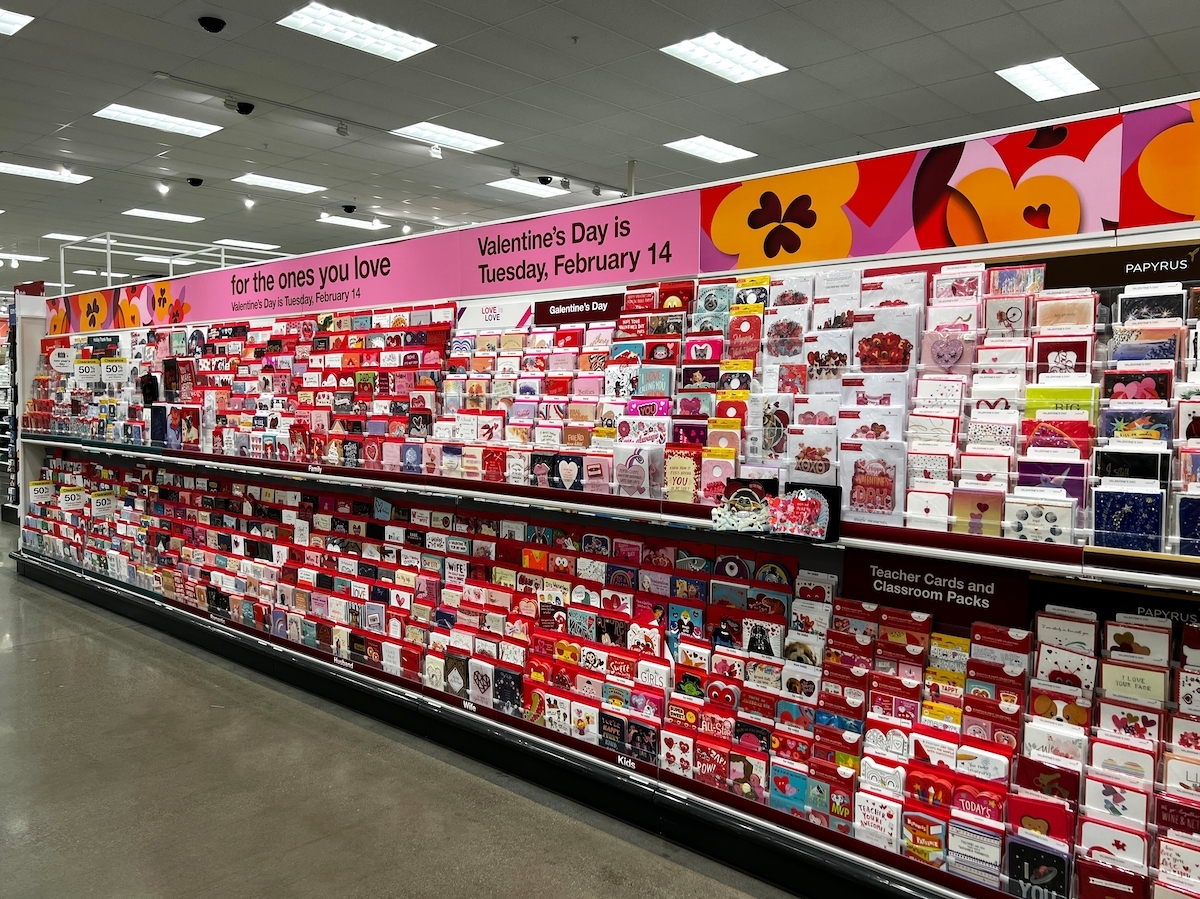 Valentine's Day greeting card display at a Target 