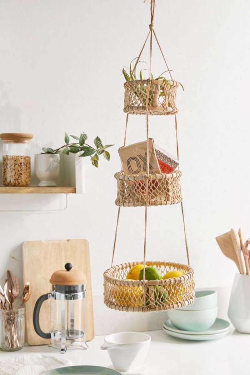 three-tiered hanging basket in a white kitchen, Kitchen Decorations