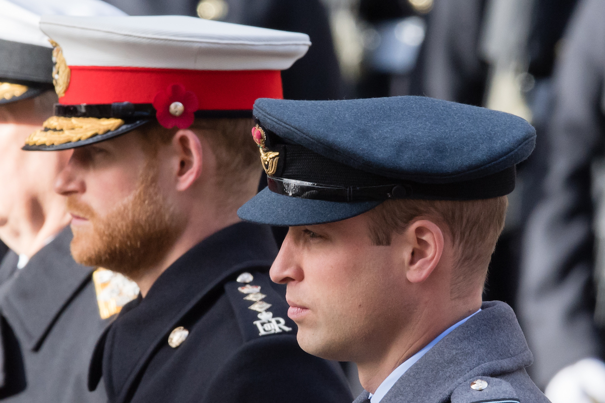 Prince Harry, Duke of Sussex and Prince William, Duke of Cambridge attend the annual Remembrance Sunday memorial on November 11, 2018 in London, England. 