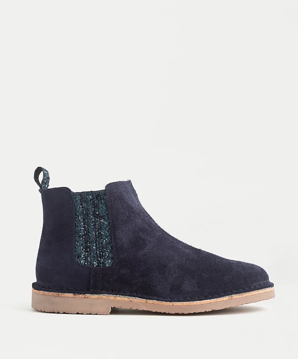 blue children's chelsea boots with glitter accent