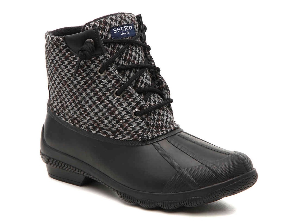 black and gray houndstooth duck boots