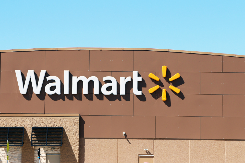 The exterior signage of a Walmart store