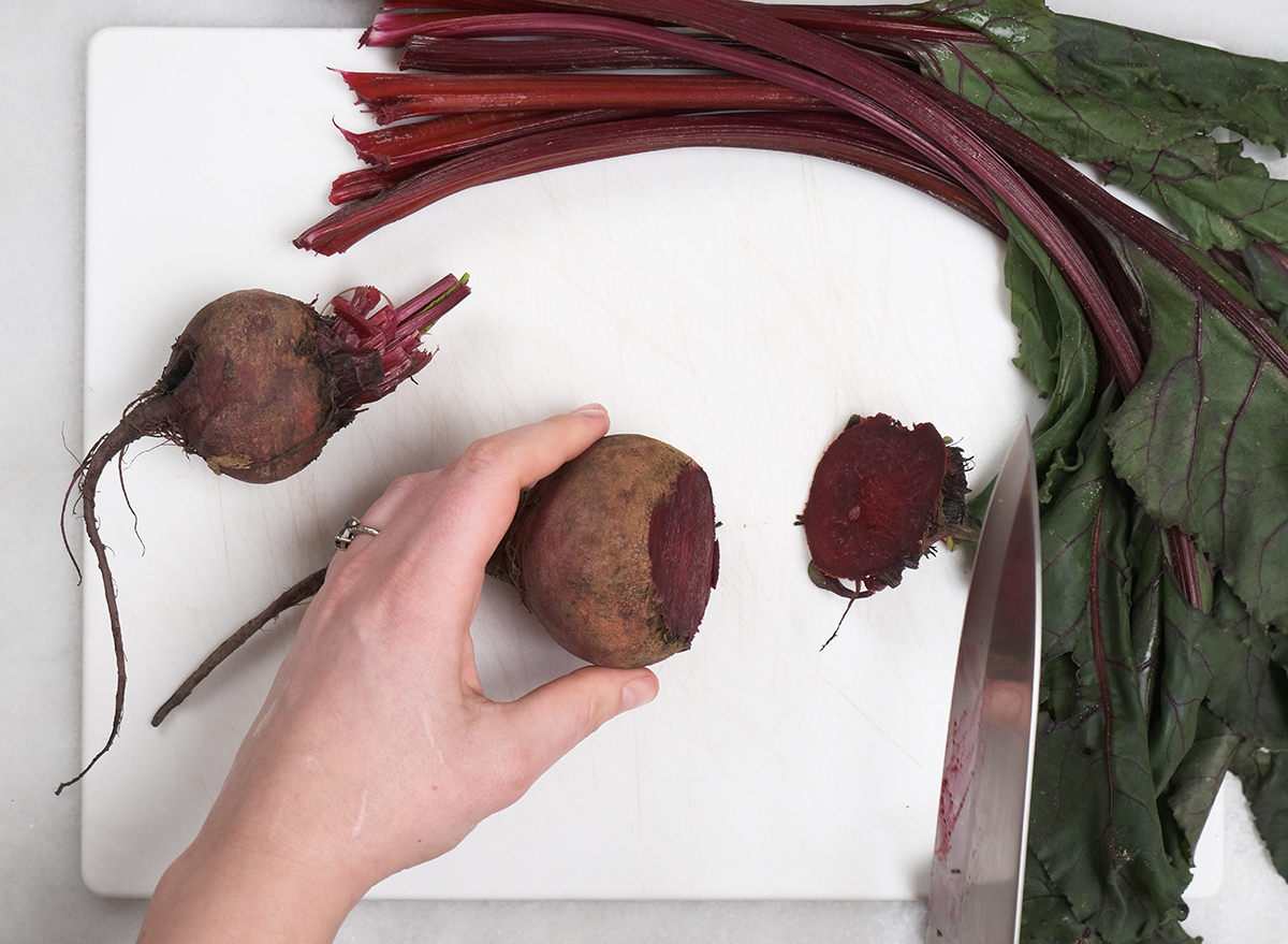 sliced bottom of a beet on a cutting board