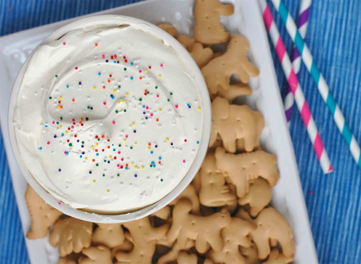 cheesecake cake batter dip with animal crackers