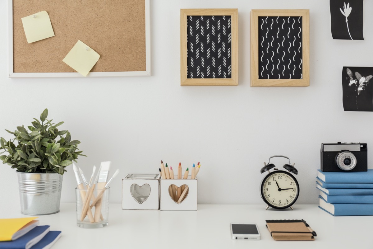 modern home office with two corkboard picture frames