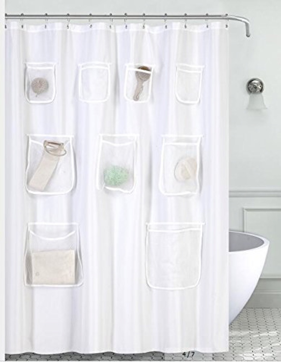 white shower curtain with pockets, bathroom accessories