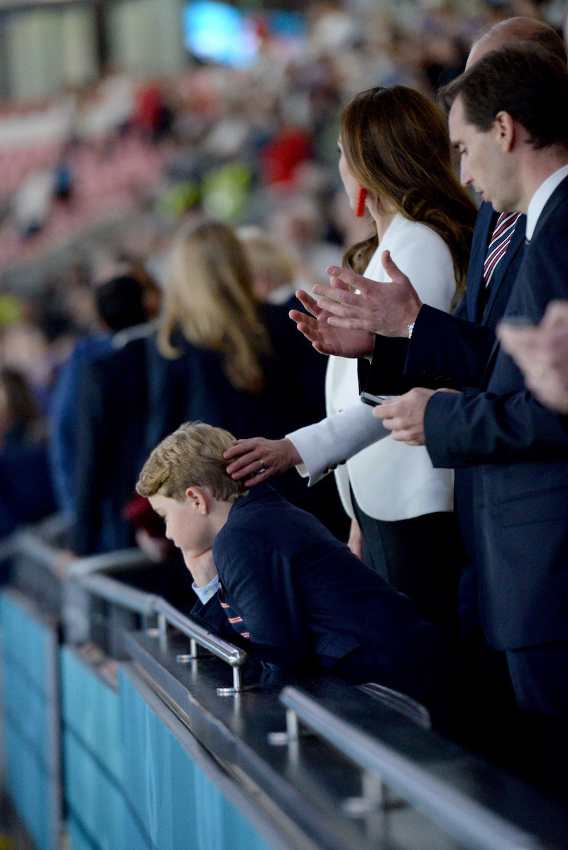 Prince George of Cambridge, Catherine, Duchess of Cambridge, and Prince William, Duke of Cambridge and President of the Football Association (FA) are seen in the stands prior to the UEFA Euro 2020 Championship Final between Italy and England at Wembley Stadium on July 11, 2021 in London, England