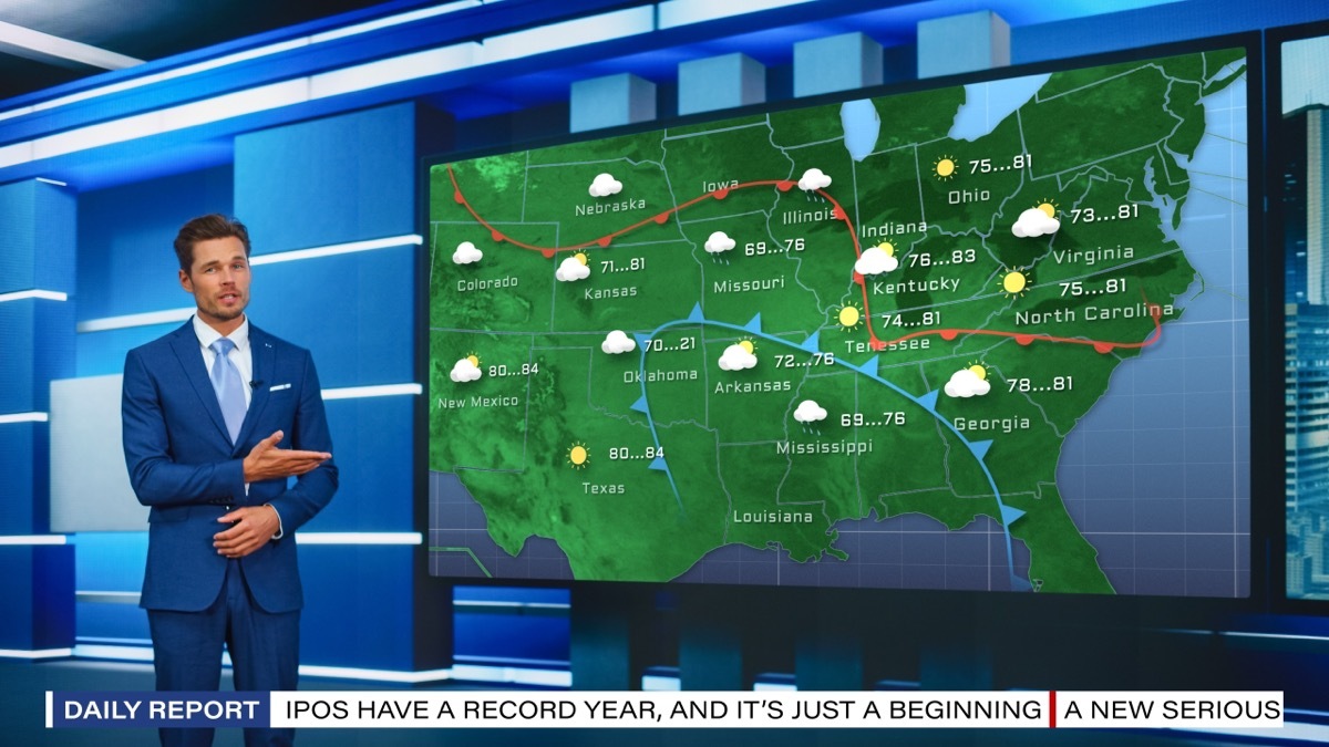 TV Weather Forecast Program: Professional Television Host Reviewing Weather Report in Newsroom Studio, Uses Big Screen with Visuals. Famous Anchorman Talks. Mock-up of Cable Channel Concept.