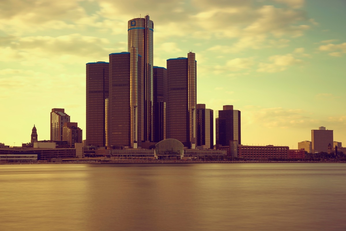Beautiful warm sunset skyline of Detroit, USA from Windsor Ontario, Canada.