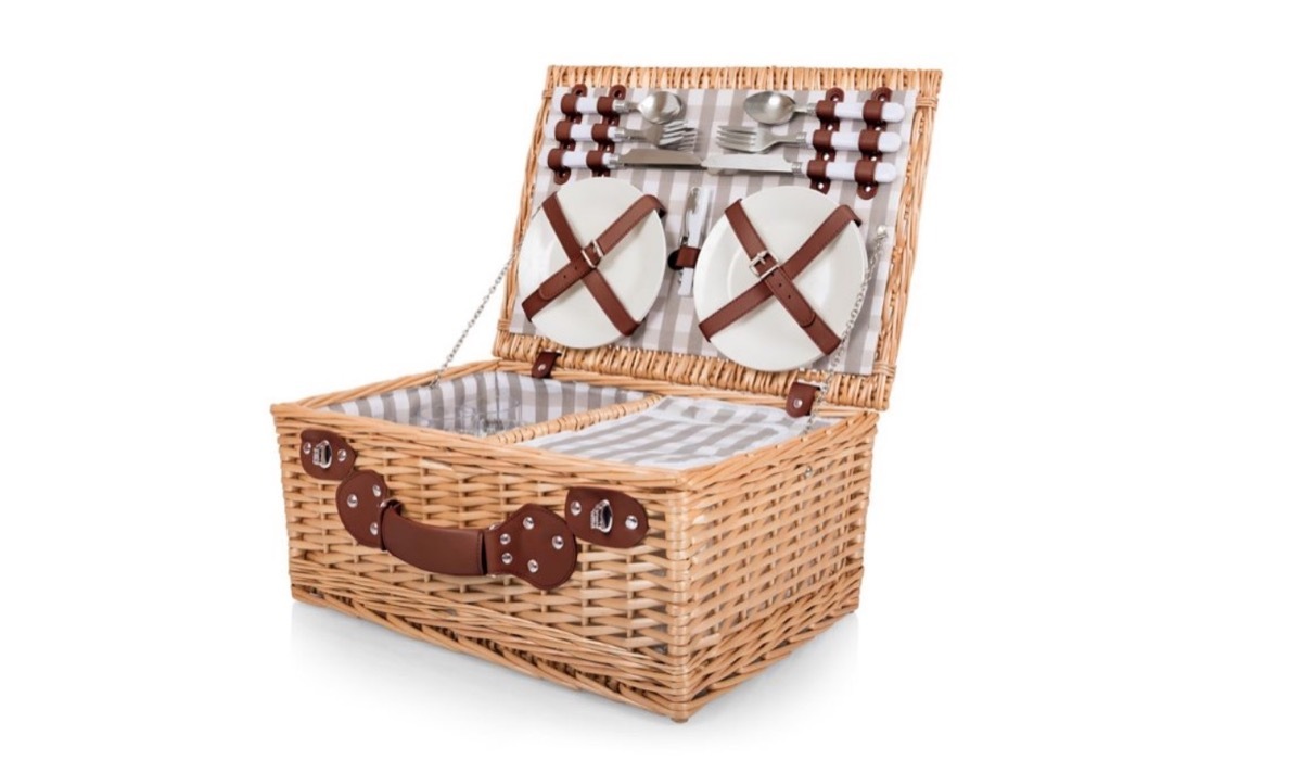 gray and white gingham picnic basket, summer buys under $100