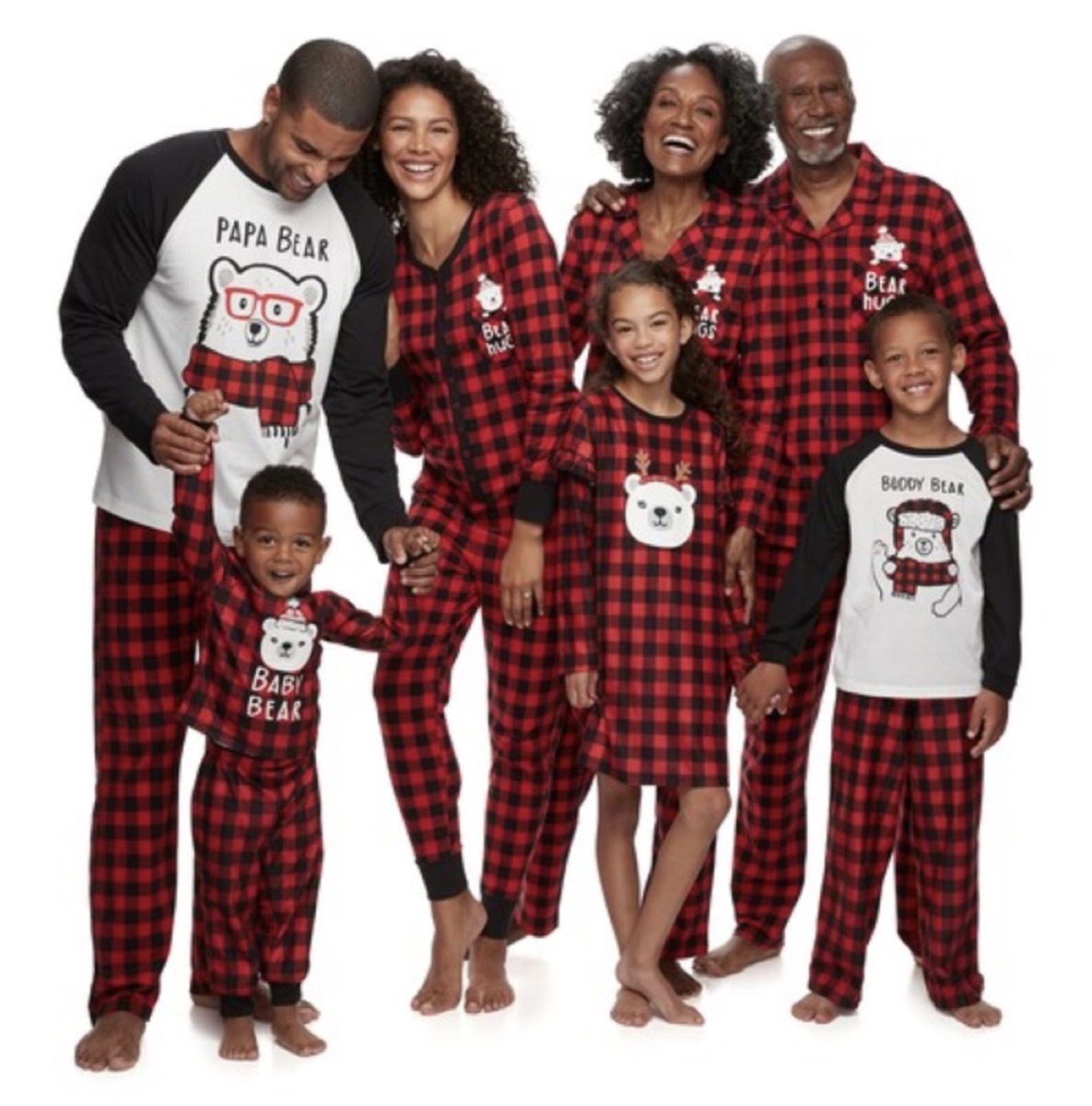 large black family in buffalo check red and black pajamas with 