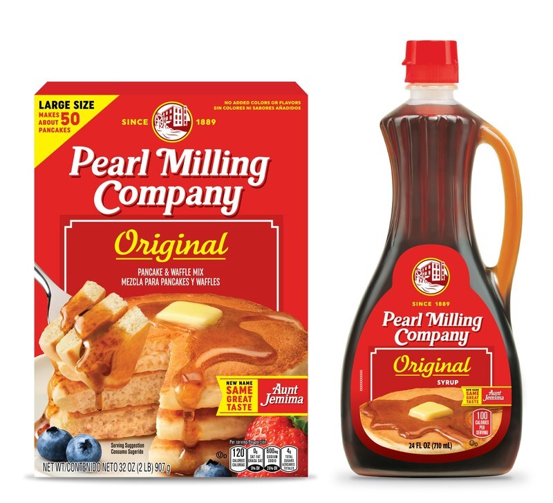 A box of Pearl Milling Company pancake mix and a bottle of their maple syrup, which recently rebranded from Aunt Jemima