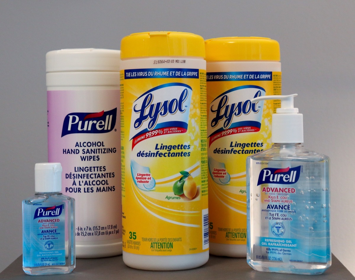 Disinfecting lysol wipe and hand sanitizer containers