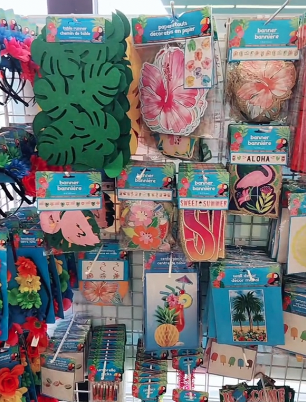 Display of summer party banners at Dollar Tree