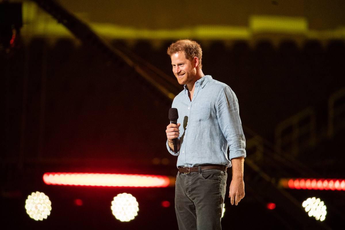 Prince Harry gives remarks at the Vax Live concert at SoFi Stadium on Sunday, May 2, 2021 in Inglewood, CA.
