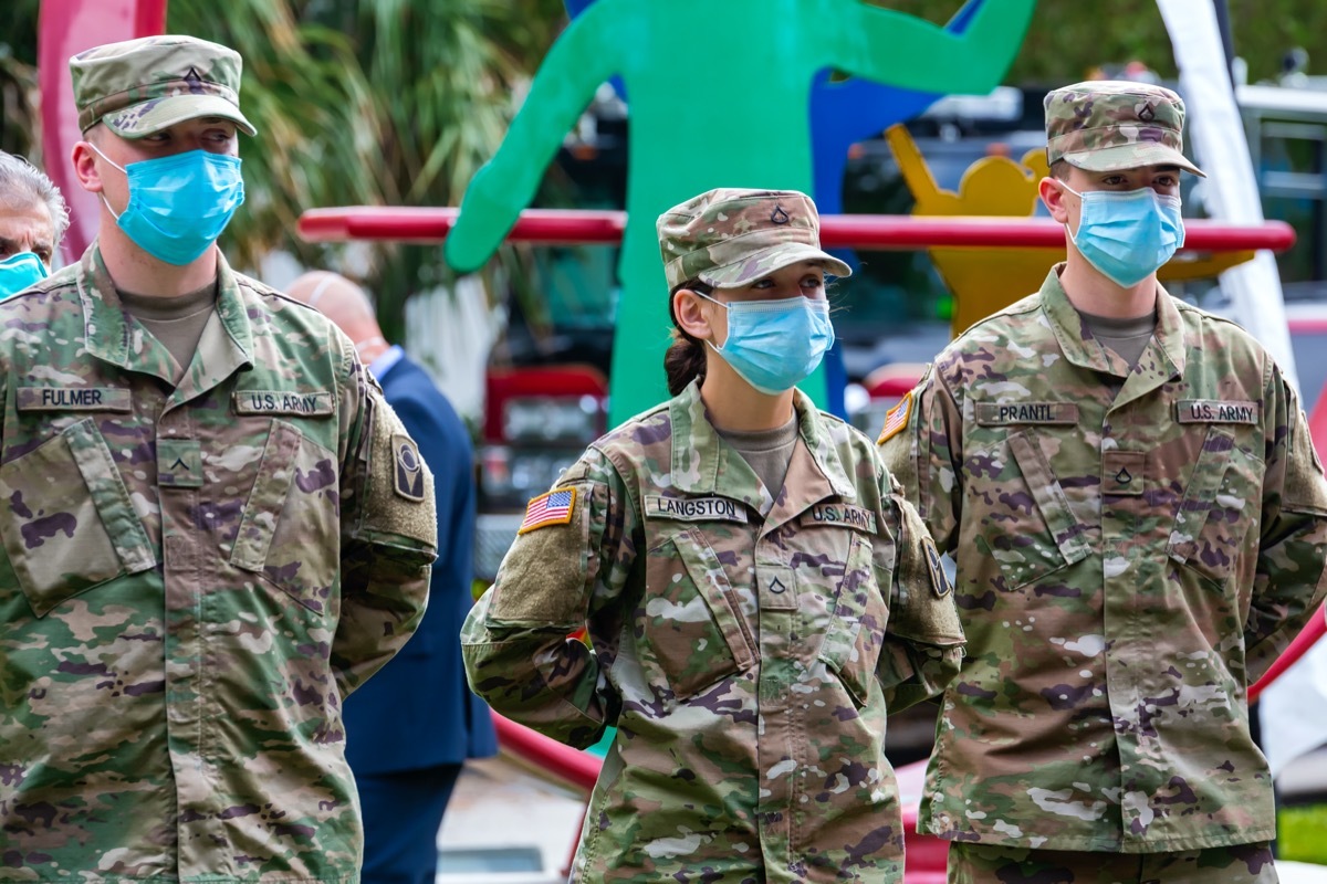 Fort Lauderdale, Florida/USA - April 17, 2020: Governor of Florida Ron DeSantis Press Conference at Urban League of Broward County, US Army Florida National Guard in N95 medical face mask