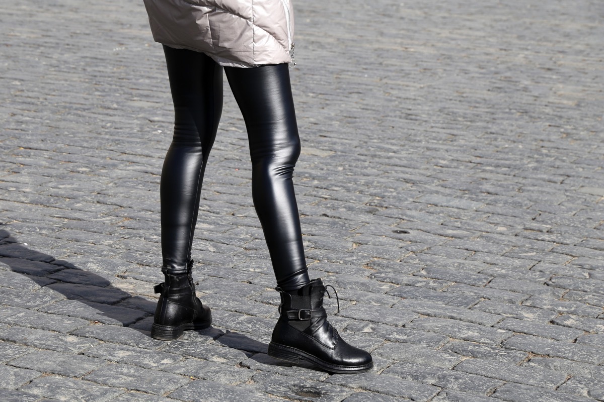 woman in leather leggings