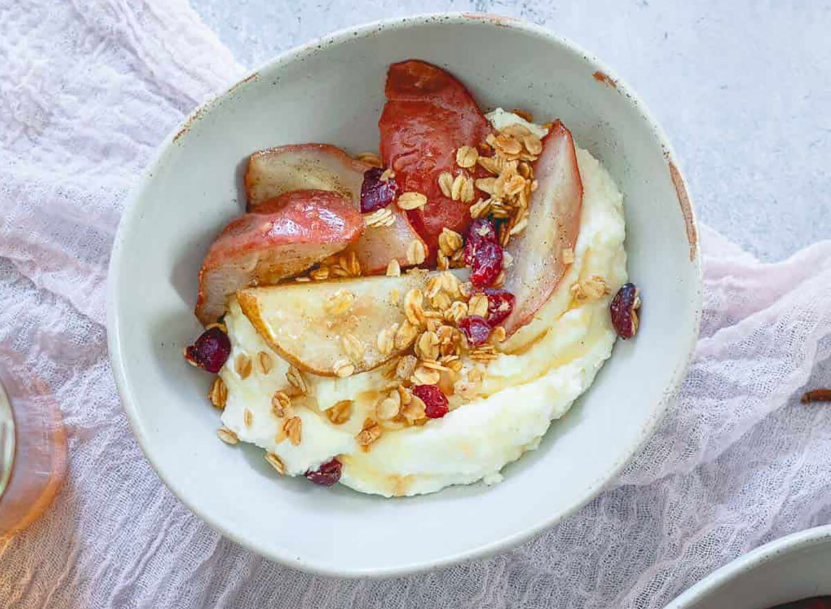 whipped ricotta bowl with roasted pears running to the kitchen