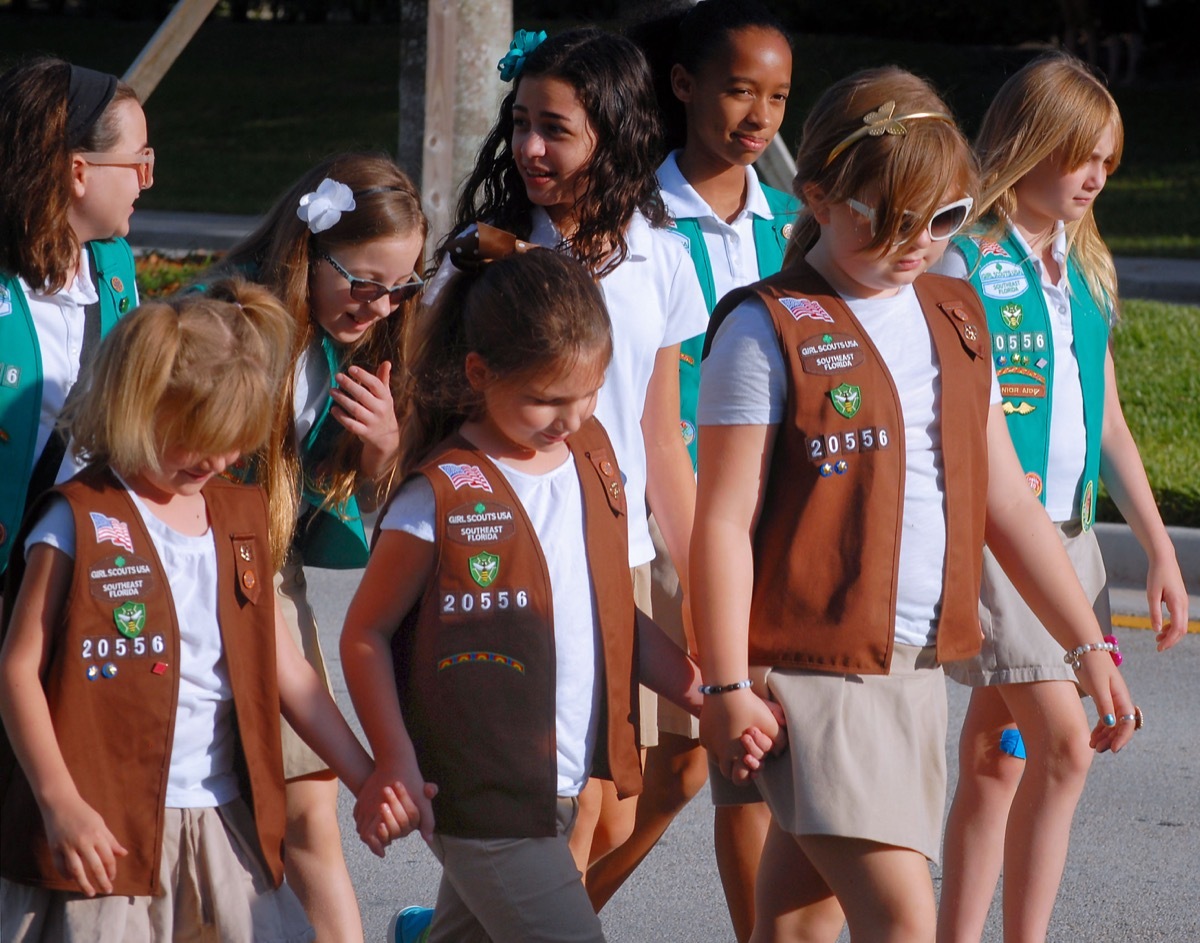 WELLINGTON, FL - November 11, 2017: Scene from the Wellington Veteran's Day parade on a sunny Saturday morning showing Girls Scout Brownies and Daisies - Image