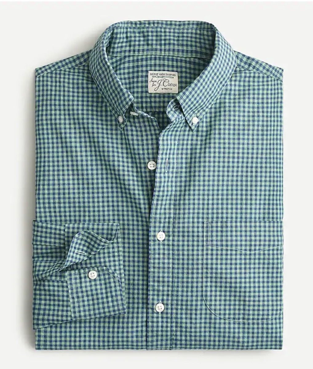 green and white gingham button down shirt